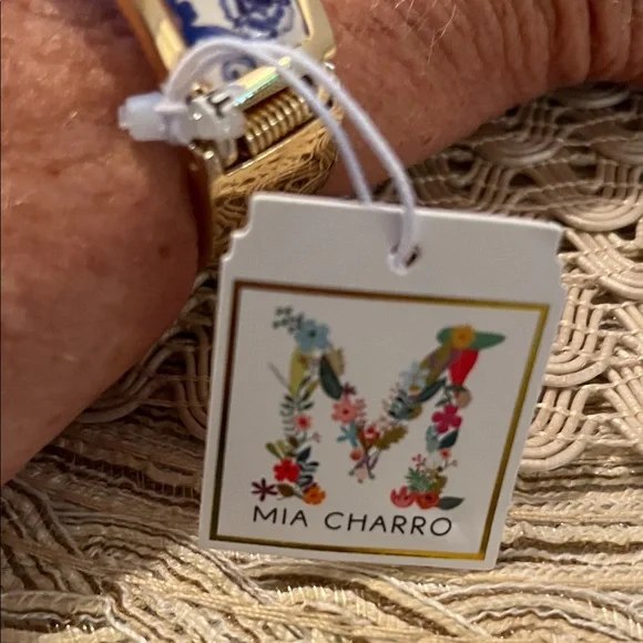 Blue and Gold Floral Bracelet on Gold by Mia Charro NWT so beautiful! - Picture 2 of 4
